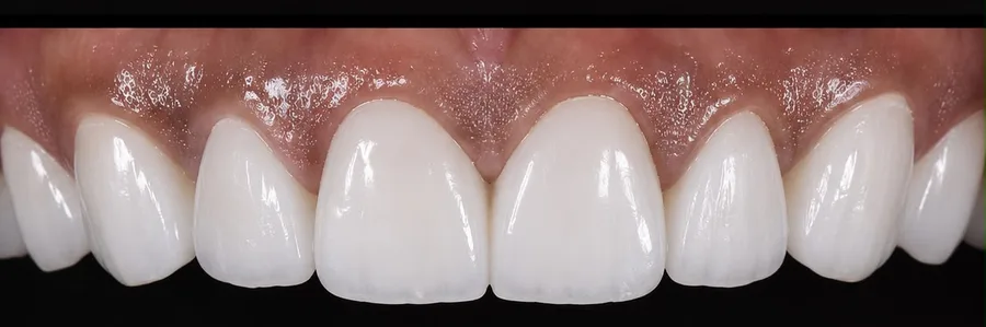 Porcelain veneer after photo, upper front teeth, case 9
